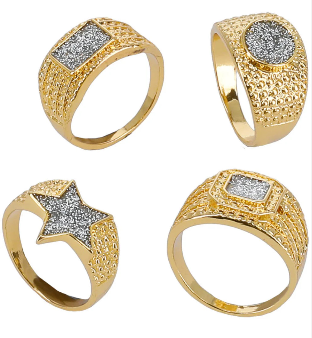 90s Gold & Diamond Bling Rings, 4Pk