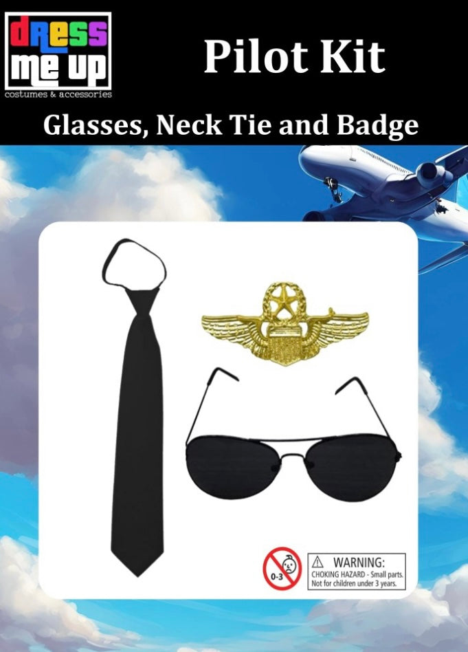 Pilot Kit - Aviator Glasses, Tie & Badge