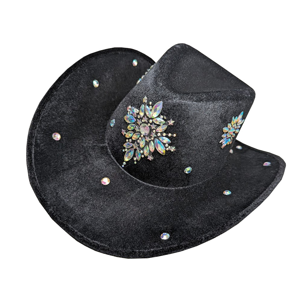 Black Cowboy Hat with Centred Crystal Design & Scattered Crystals