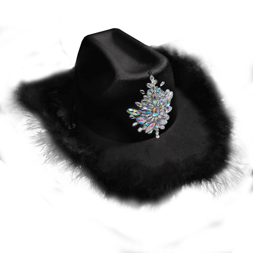 Black Festival Hat With Crystal Decor & Black Fur Trim