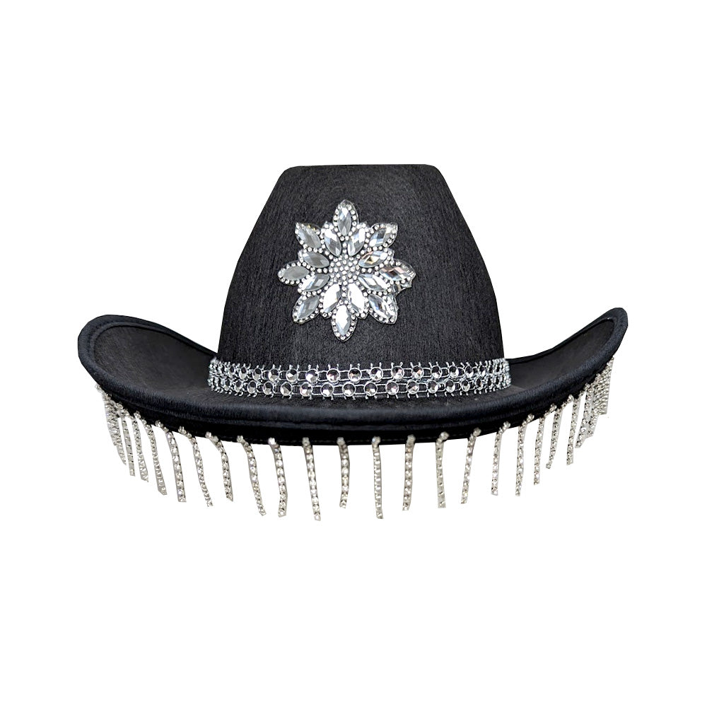 Black Festival Cowboy Hat With Diamanté Strands & Crystal Decor