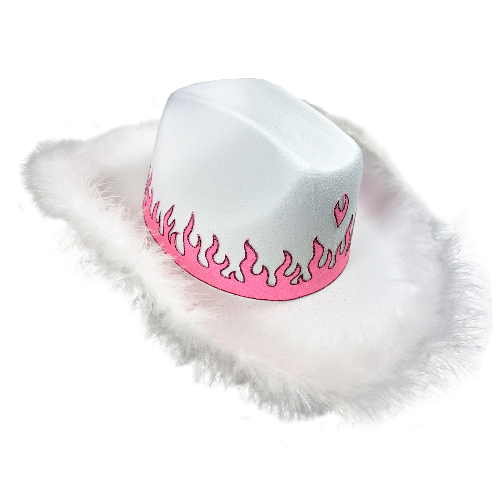 White Festival Hat With Pink Glitter Flame Design