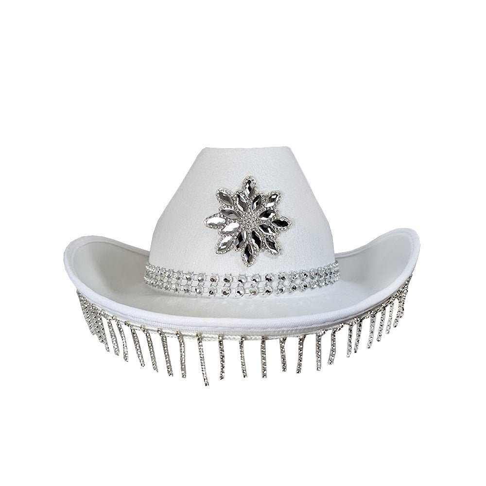 White Festival Cowboy Hat With Diamanté Strands & Crystal Decor
