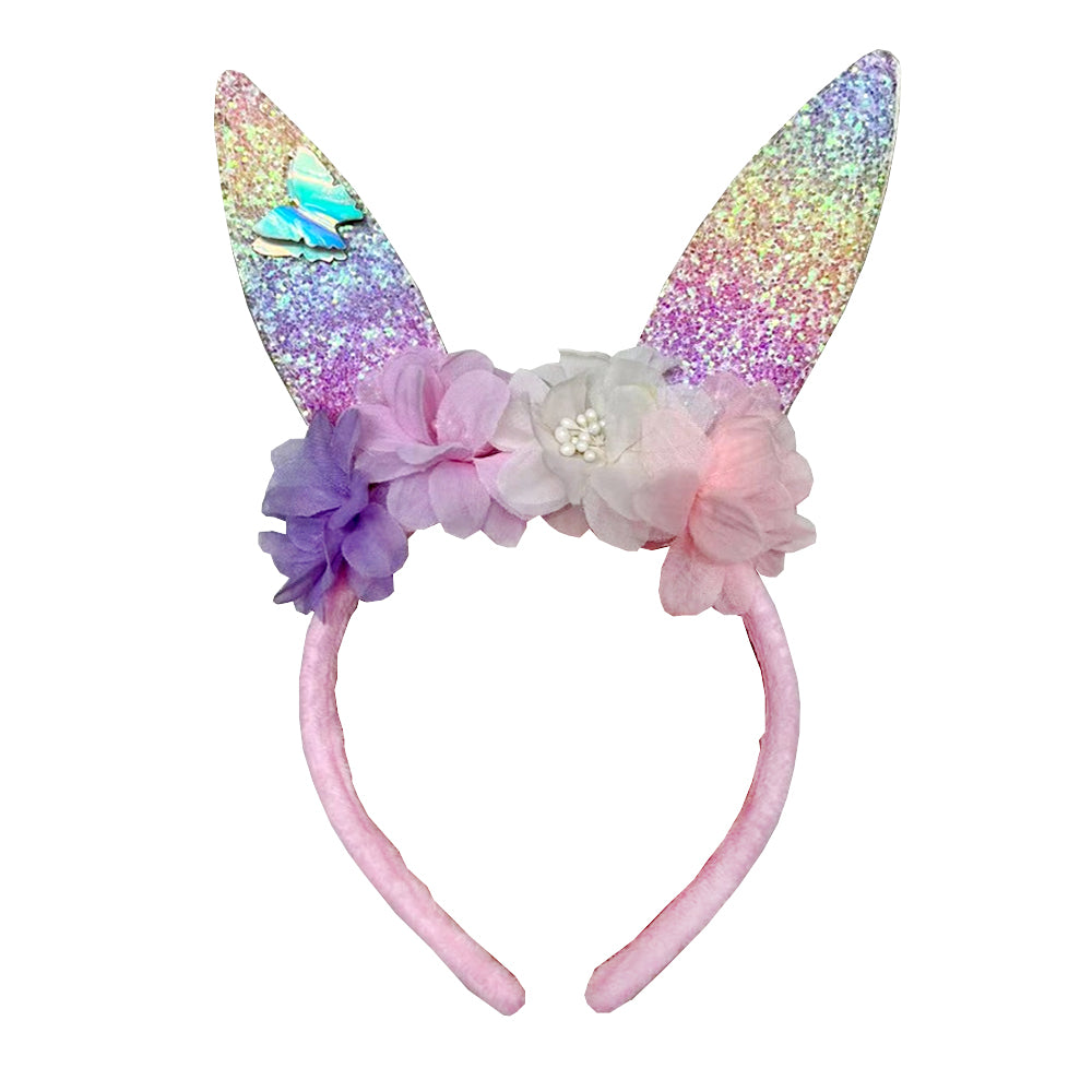 Pastel Glitter Bunny Ears with Flowers