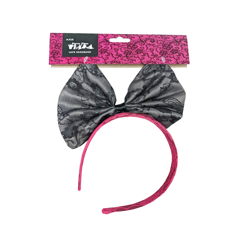 80s Black Lace & Hot Pink Headband with Black Lace Bow