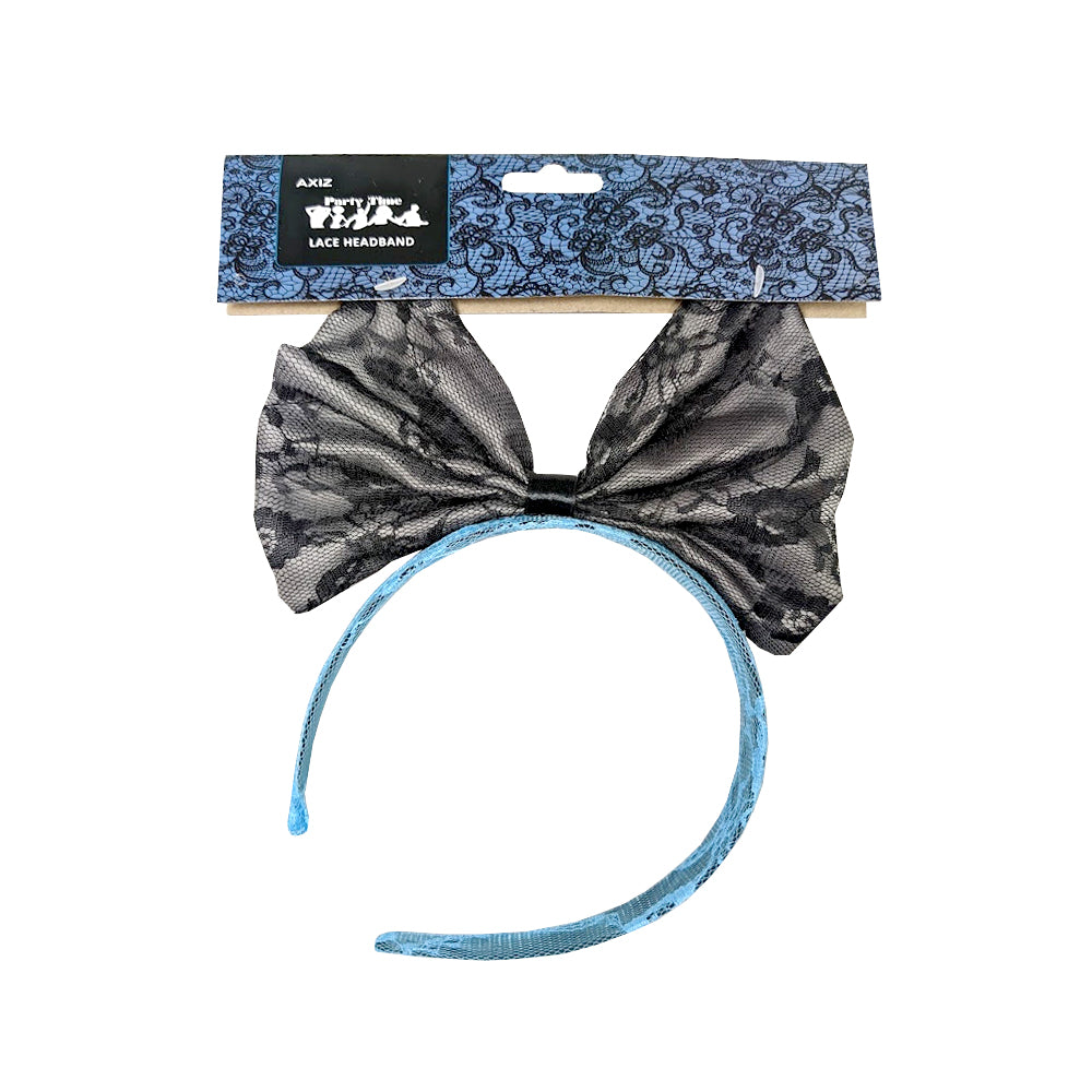 80s Black Lace & Turquoise Headband with Black Lace Bow