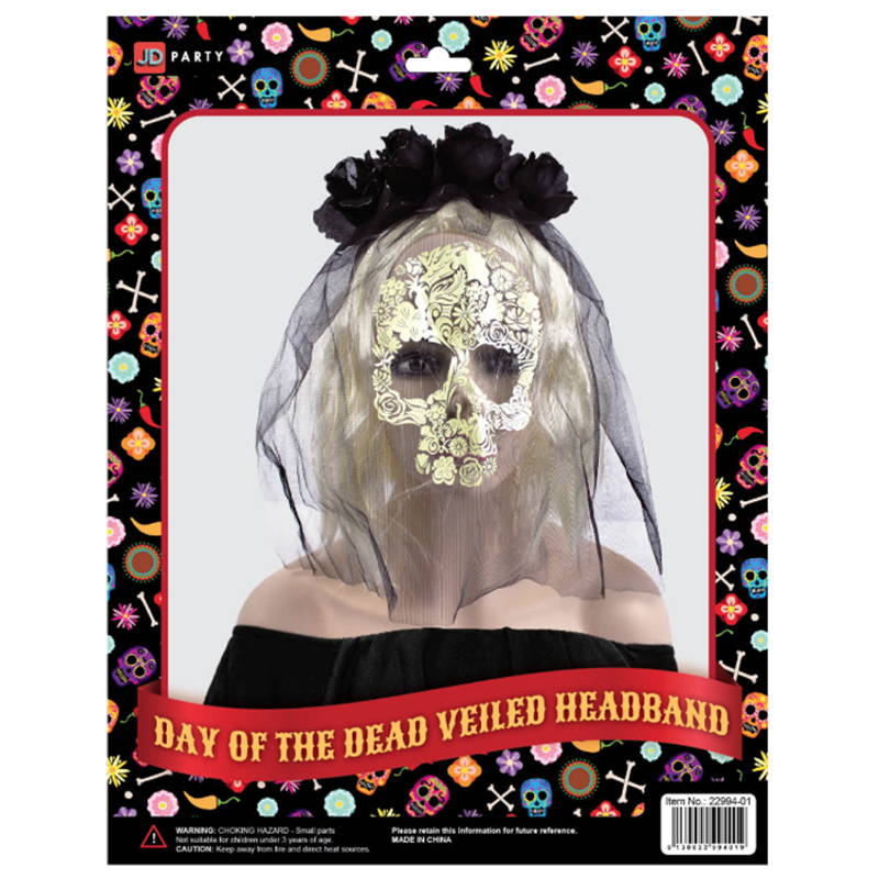 Day Of The Dead Veiled Rose Headband (Black)