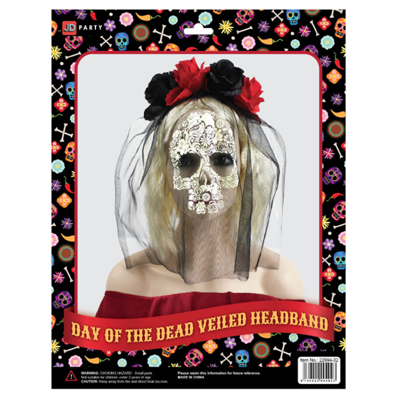 Day Of The Dead Veiled Rose Headband (Black and Red)