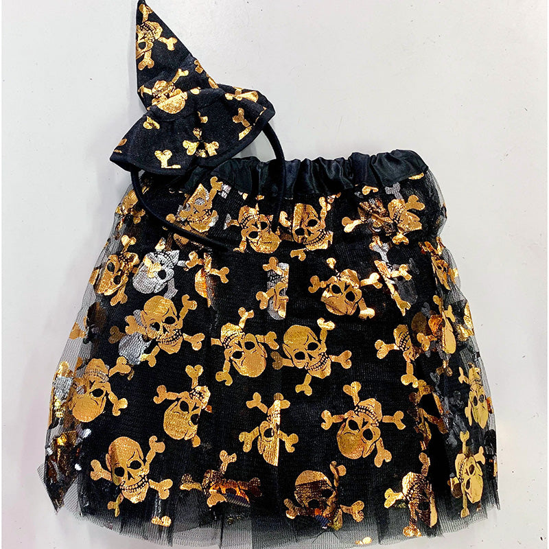 Skull Skirt and Headband Set - Black & Gold