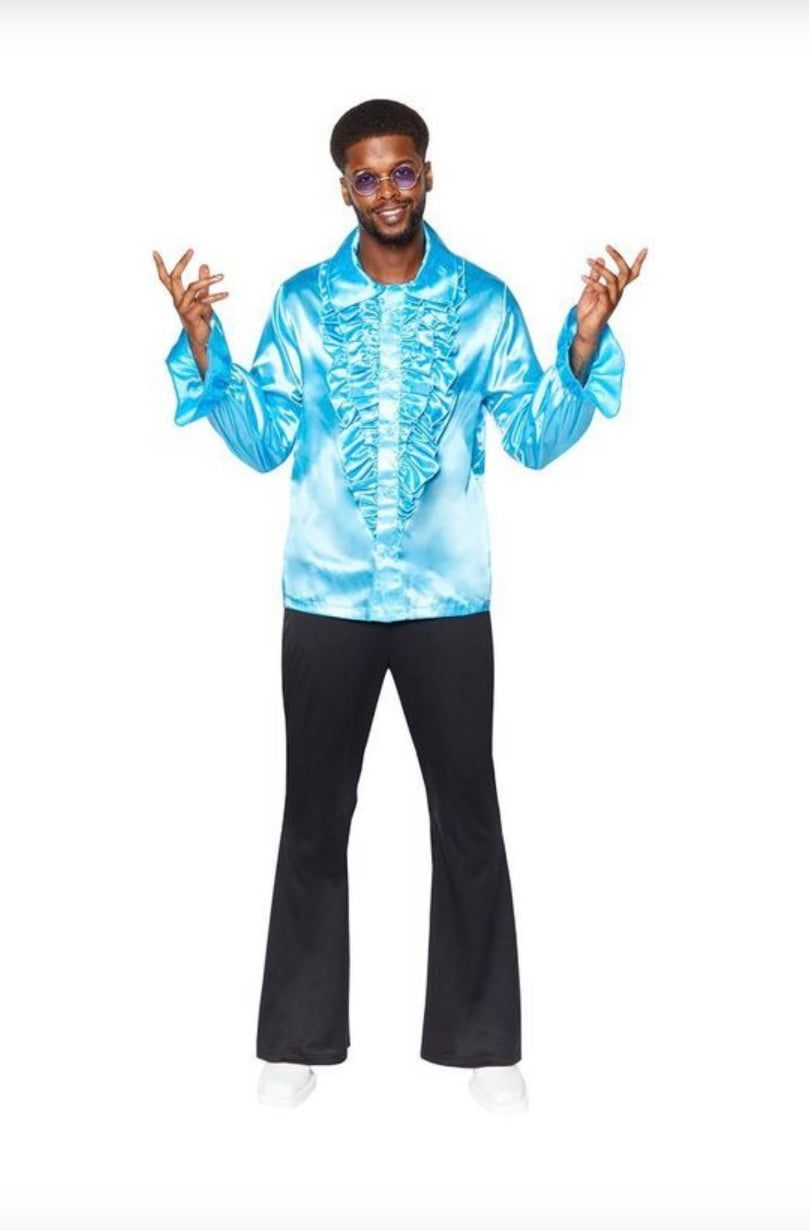 Blue Satin Ruffle Shirt