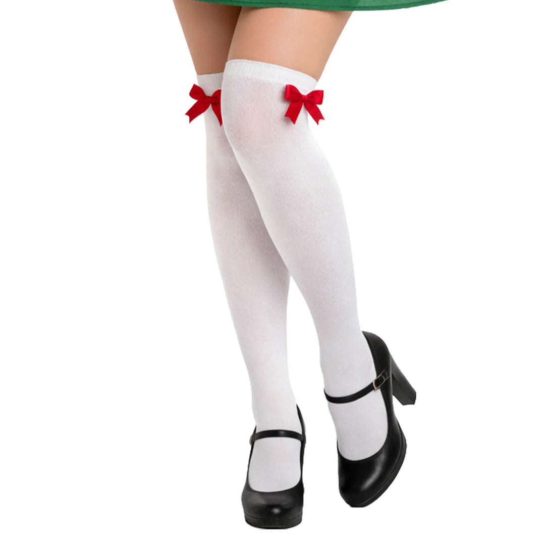 Thigh High White Stocking with Red Bows
