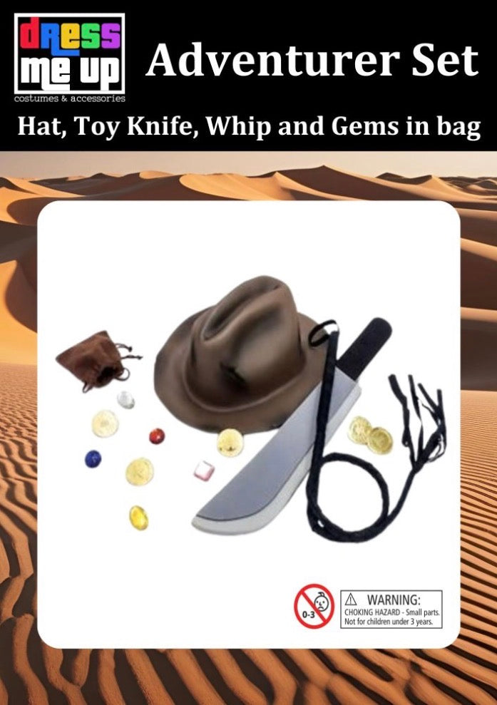 Adventurers Adult Hat, Whip, Knife Gems in bag
