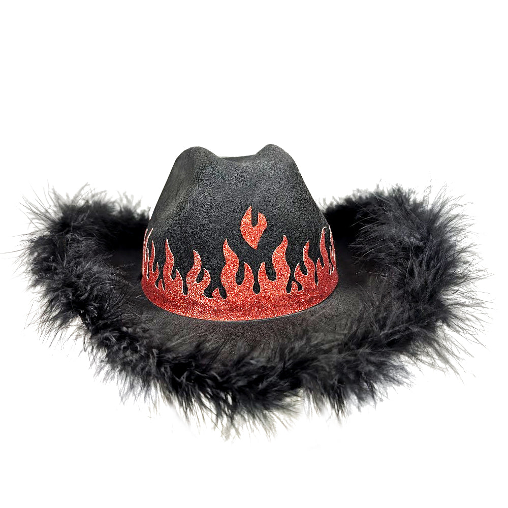 Black Festival Hat With Red Glitter Flame Design