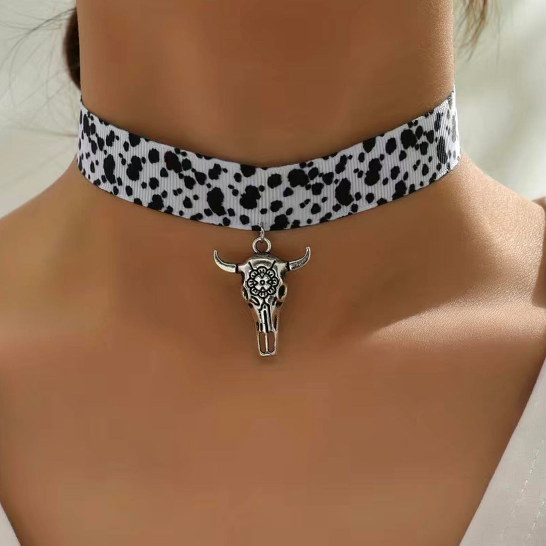 Cow Print Choker with Cow Skull Charm