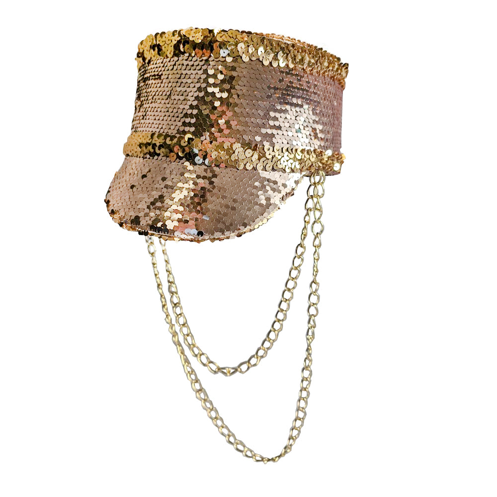Gold Sequin Festival Cap With Chains