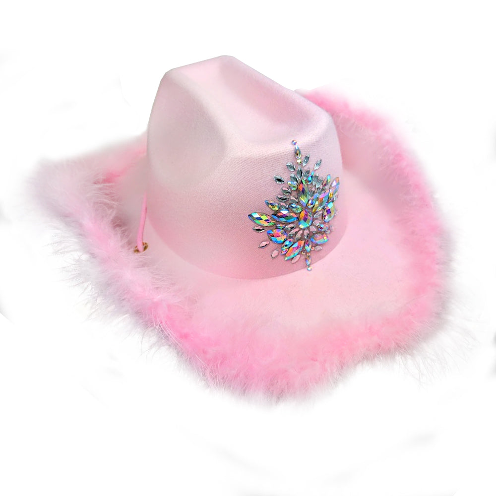 Pink Festival Hat With Crystal Decor & Pink Fur Trim