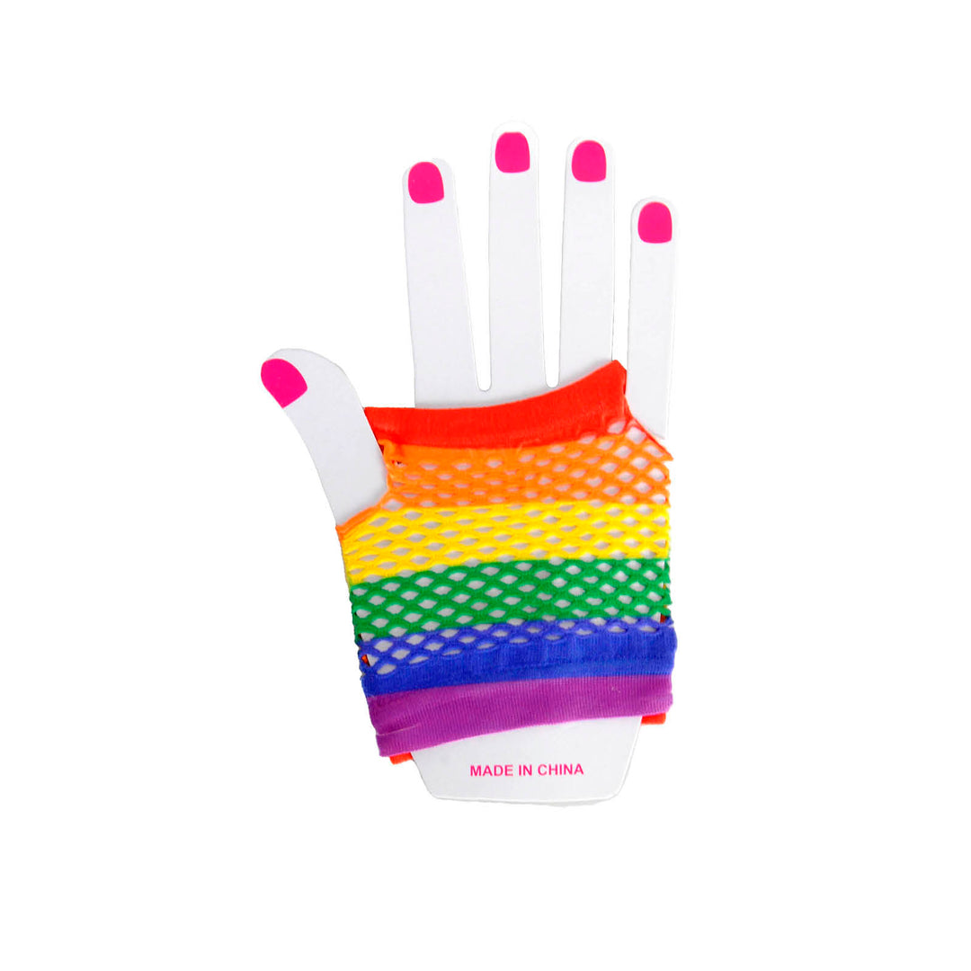 Rainbow Stripe Fishnet Gloves - Short