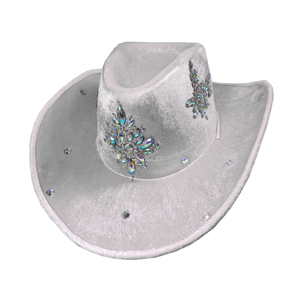 White Cowboy Hat with Centred Crystal Design & Scattered Crystals