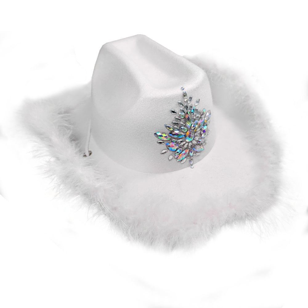 White Festival Hat With Crystal Decor & White Fur Trim