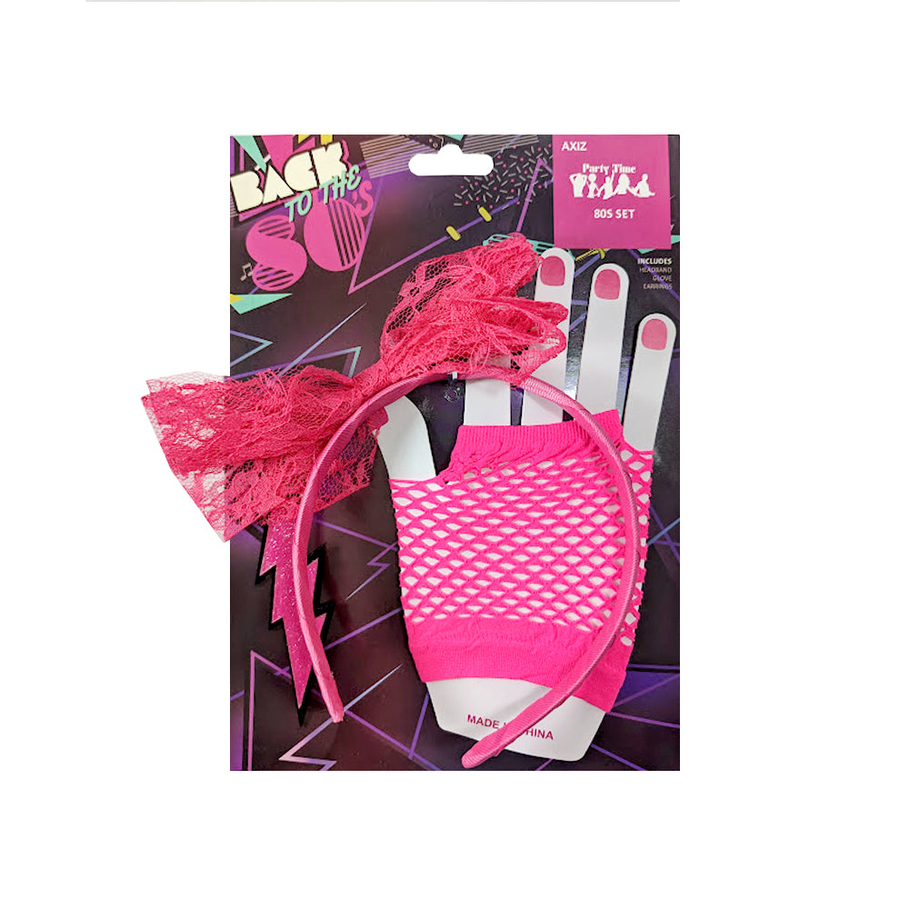 1980's Neon Pink Headband, Earrings & Gloves Set