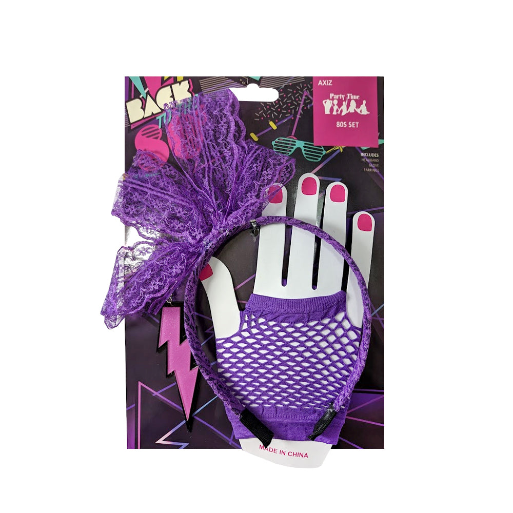 1980's Neon Purple Headband, Earrings & Gloves Set
