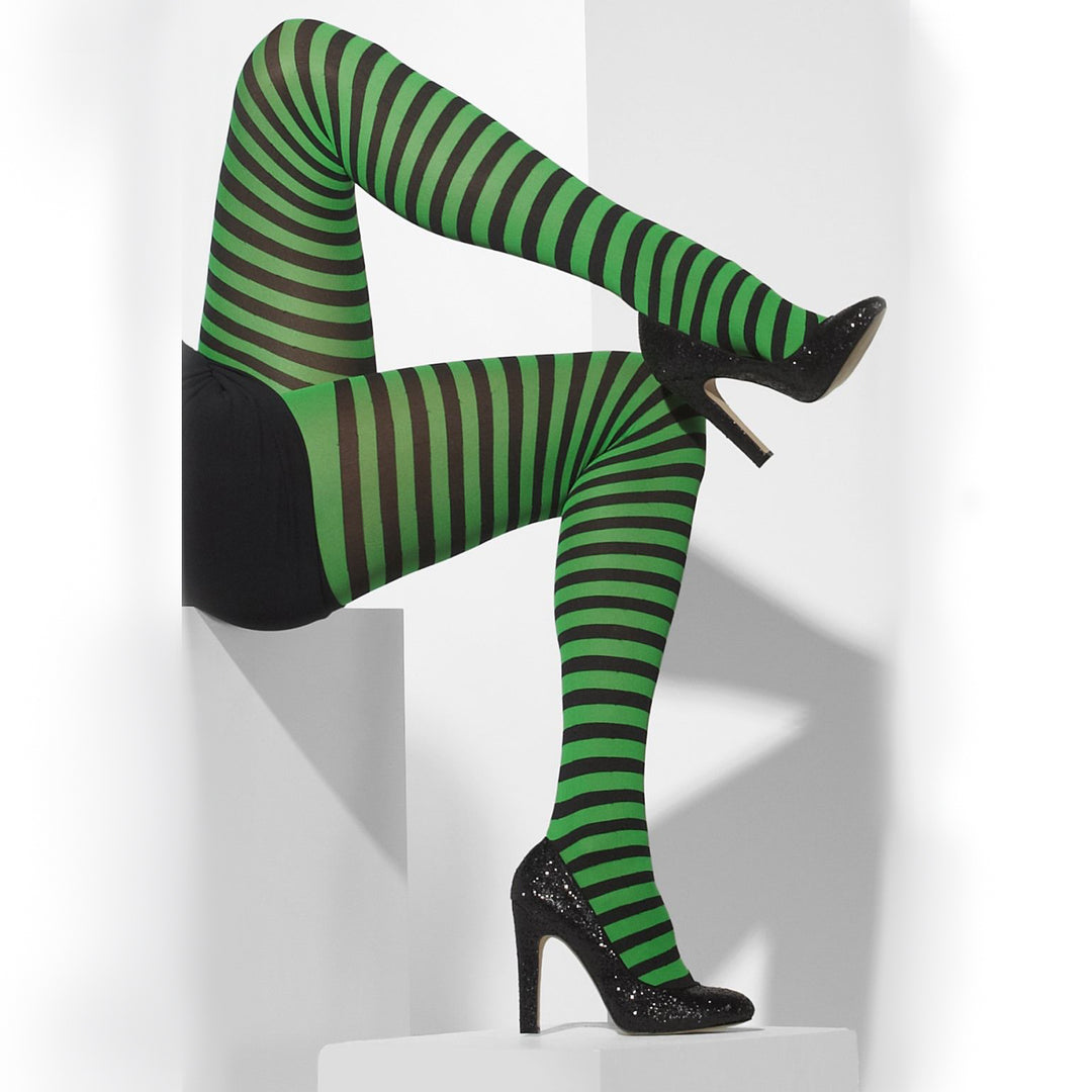 Green and Black Striped Opaque Tights