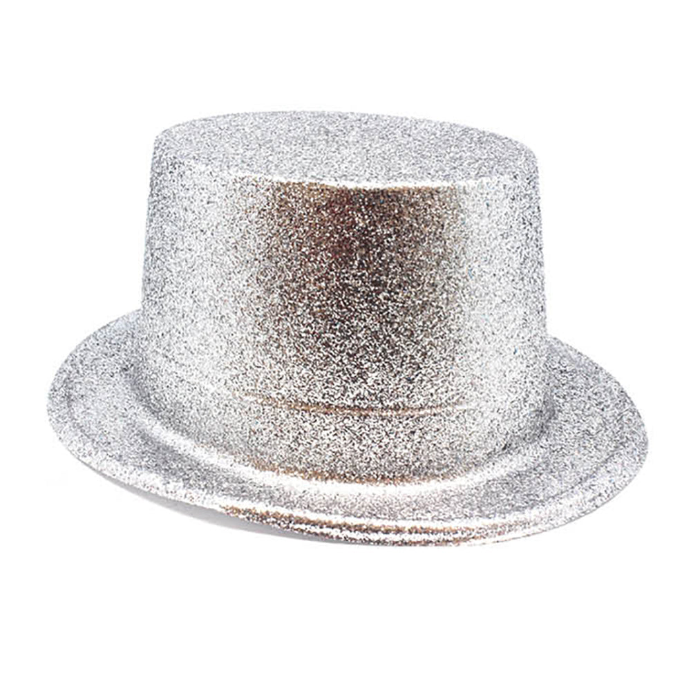 Plastic Glitter Top Hat Silver