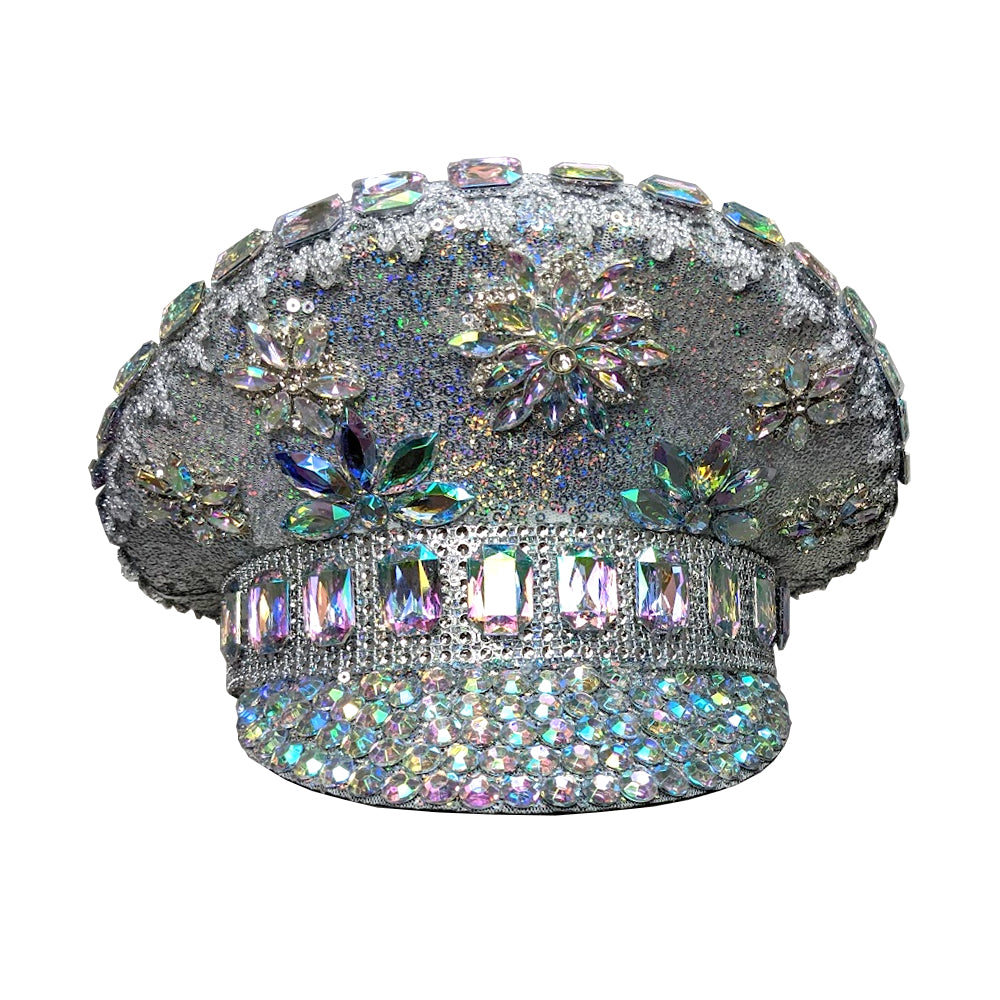 Silver Sequinned Festival Hat with Crystal Flowers