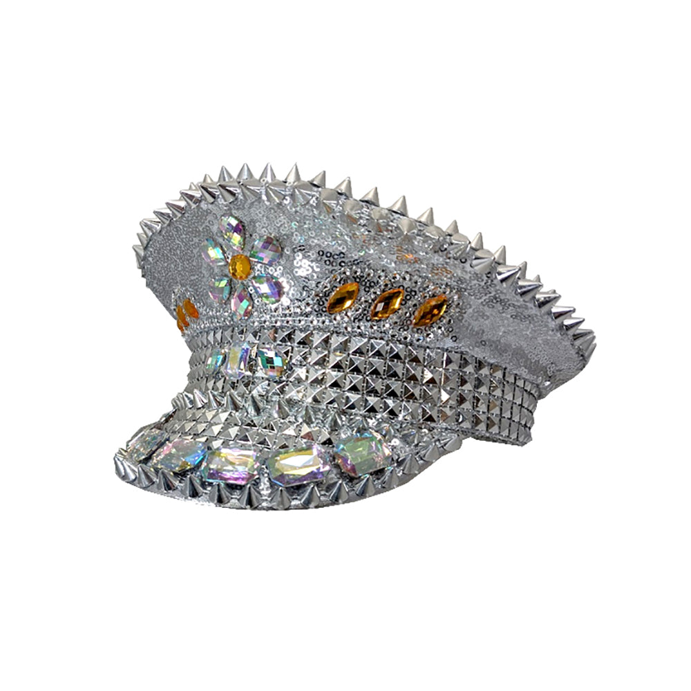 Silver Sequin Burning Man Hat with Crystals