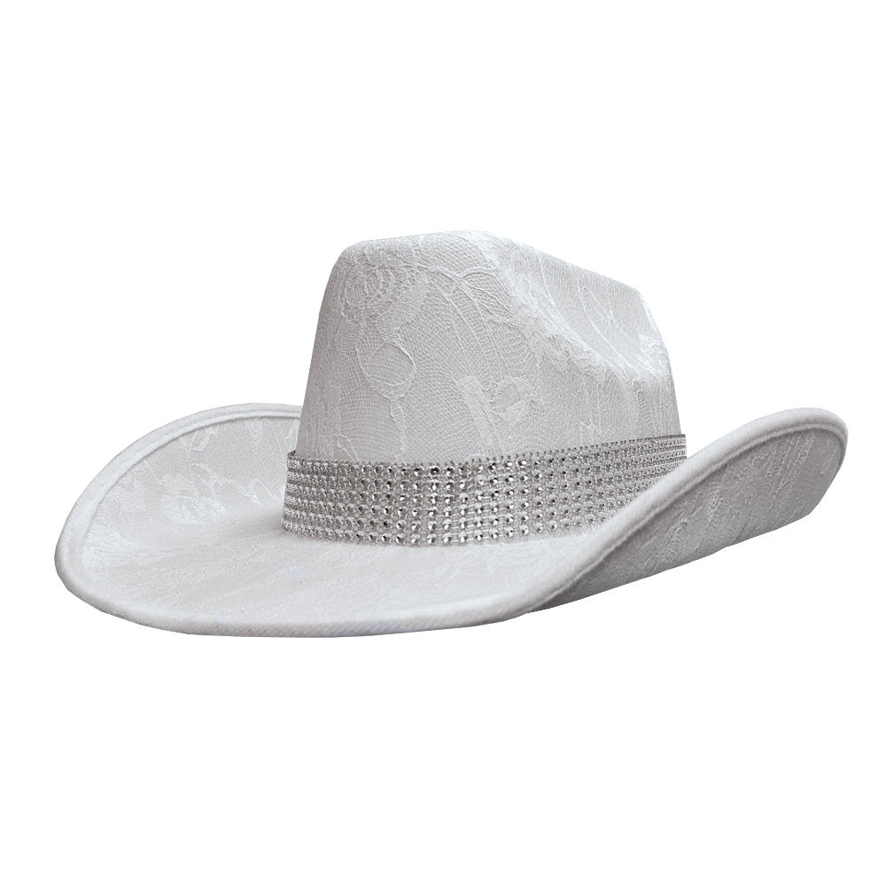 White Lacy Festival Cowboy Hat With Silver Sequin Trim